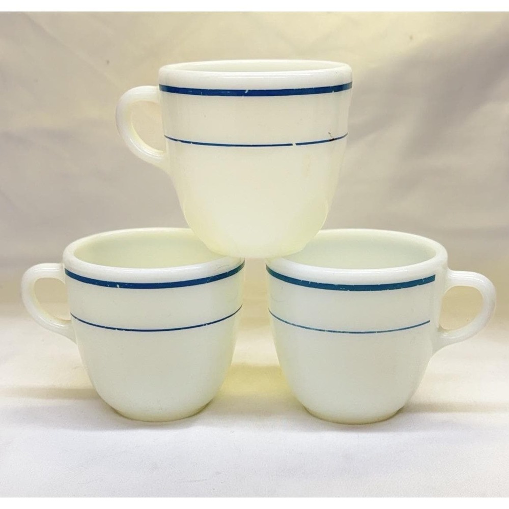 Pyrex Tableware by Corning Cup Set Milk Glass Blue Band Mug 3 Piece Vtg #723